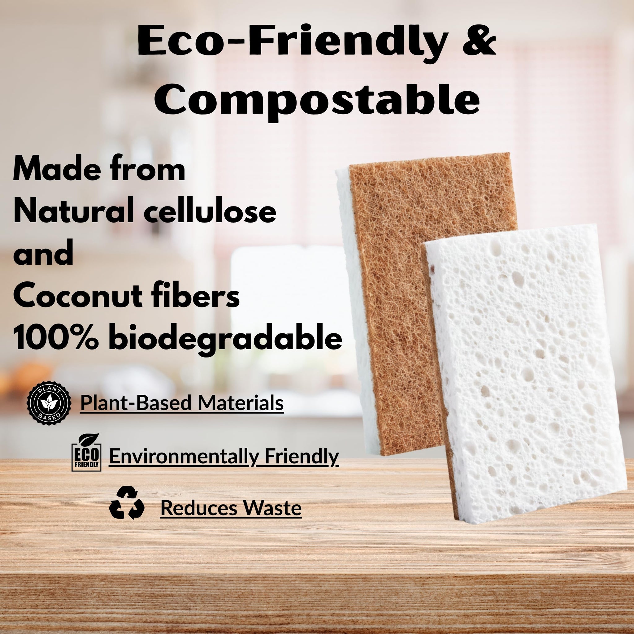 Bruhati Coconut Kitchen Sponges (12 Pack) - Natural Coconut Fiber & Cellulose Dish Scrubber, Biodegradable Compostable Plant-Based Sponges for Dishes