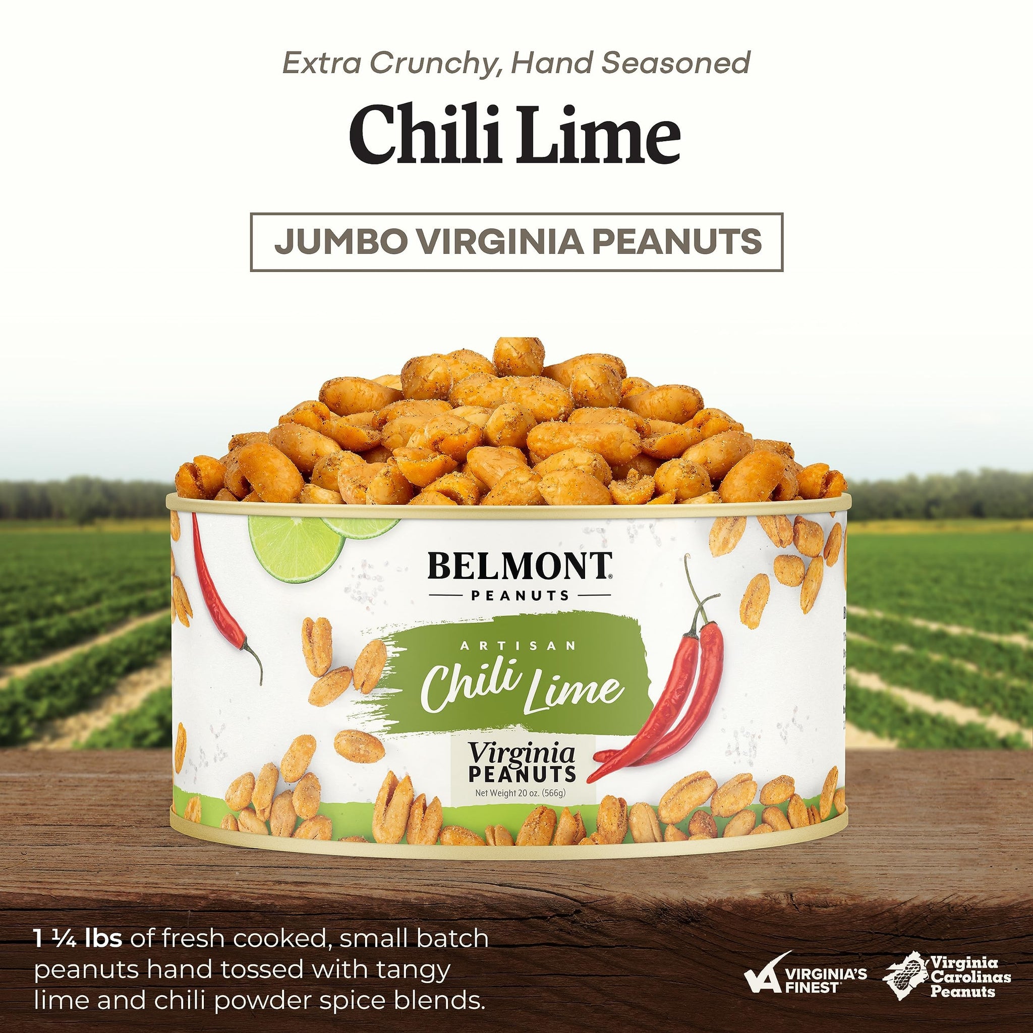 Belmont Peanuts Gourmet Chili Lime Virginia Peanuts, 20 oz (1 Pack) - Simple Ingredients, No Preservatives, 7g Protein - A Premium, Citrusy, Spicy
