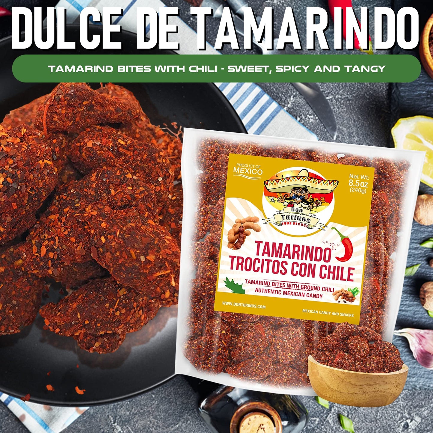 Tamarindo De Frutas Con Chile, Authentic Mexican Tamarind Candy with Chili, Sweet, Tangy and Spicy. Dulce De Tamarindo 8.5 oz. Contains Seed. Bag by