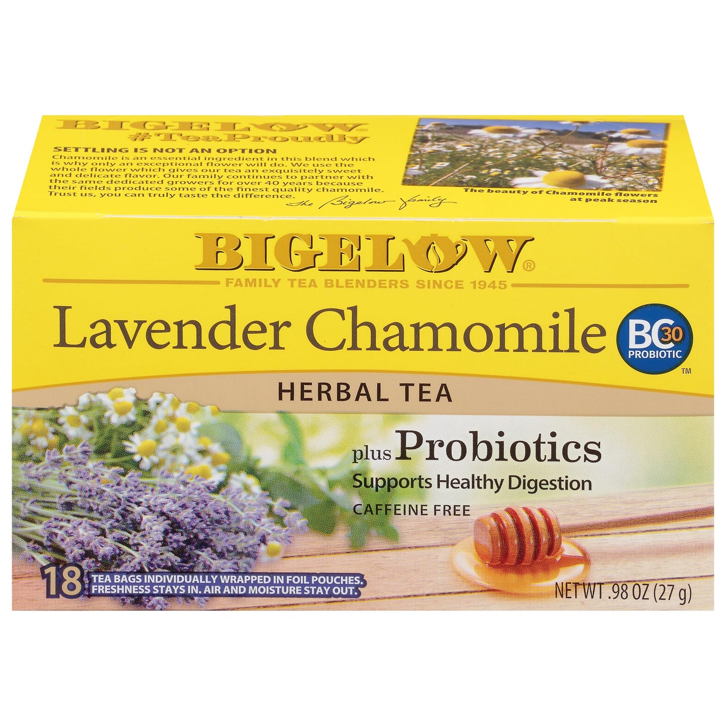 Bigelow Tea Lavender Chamomile plus Probiotic Herbal Tea, Caffeine Free, 18 Total Tea Bags (Pack of 1)