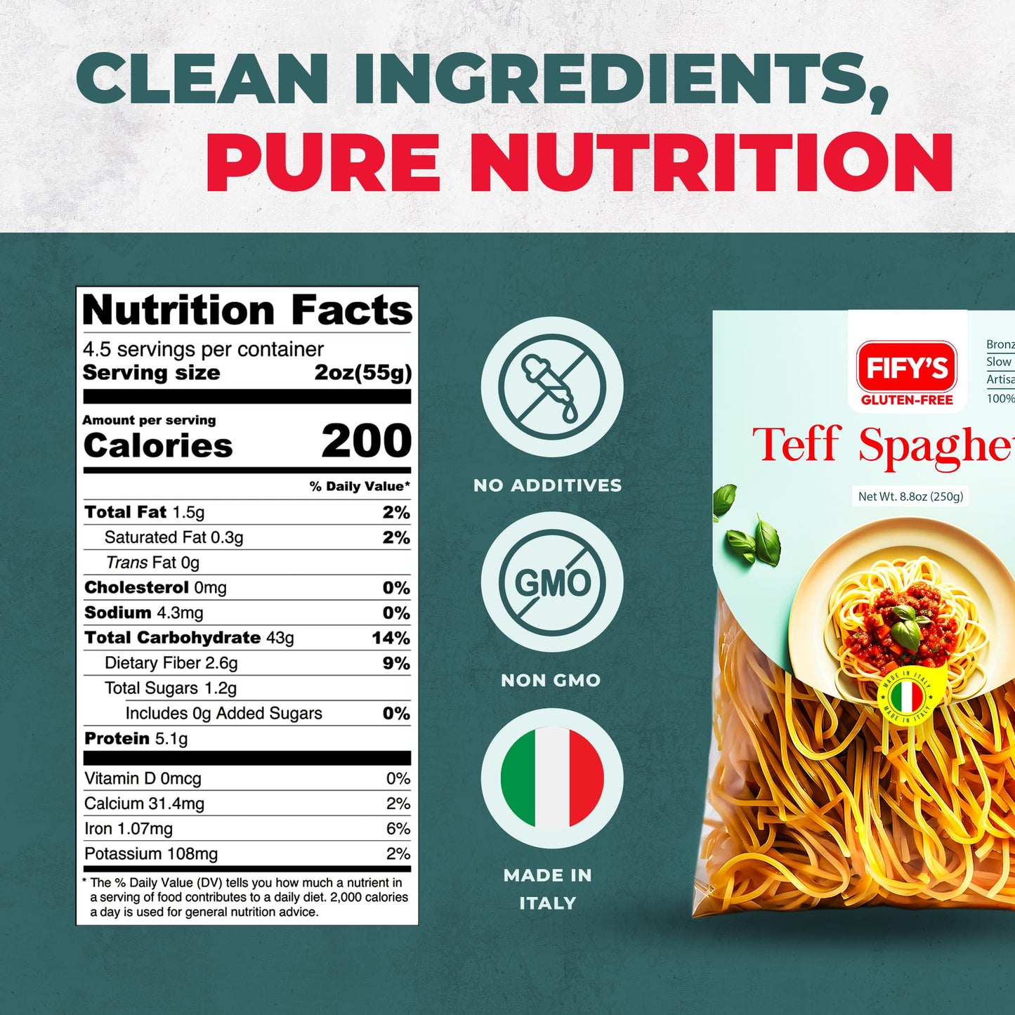 FIFY'S GLUTEN-FREE Teff Spaghetti Pasta - All Natural, Nutrient-Rich Gluten Free Spaghetti with Ancient Grain Teff and Rice Flour - Made in Italy
