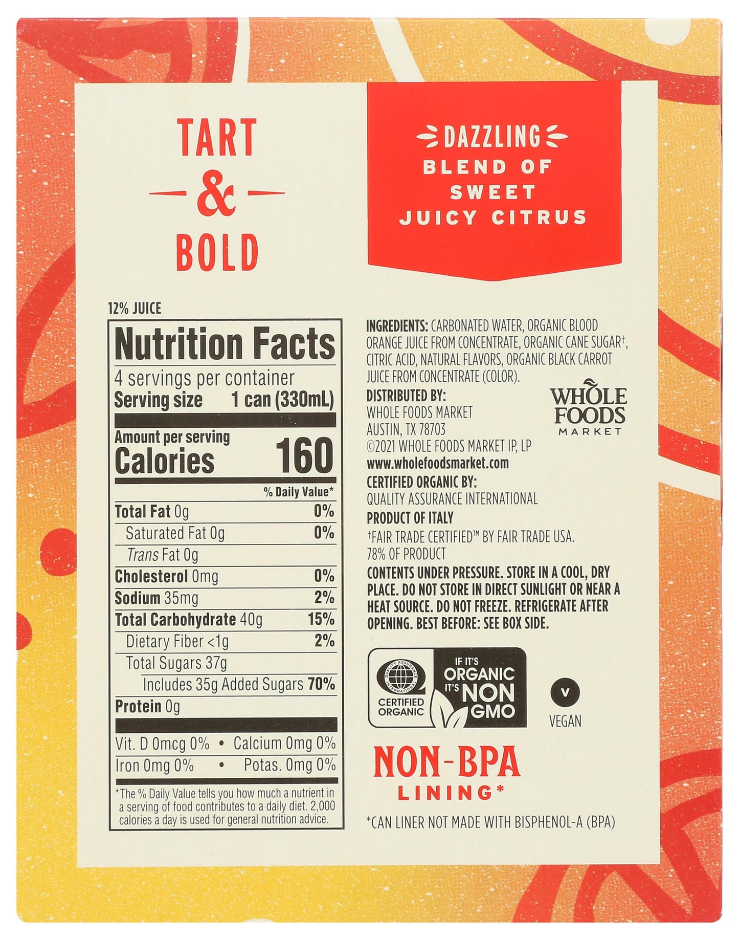 Whole Foods Market Blood Orange Italian Soda, 11.2 Fl Oz, 4 Pack