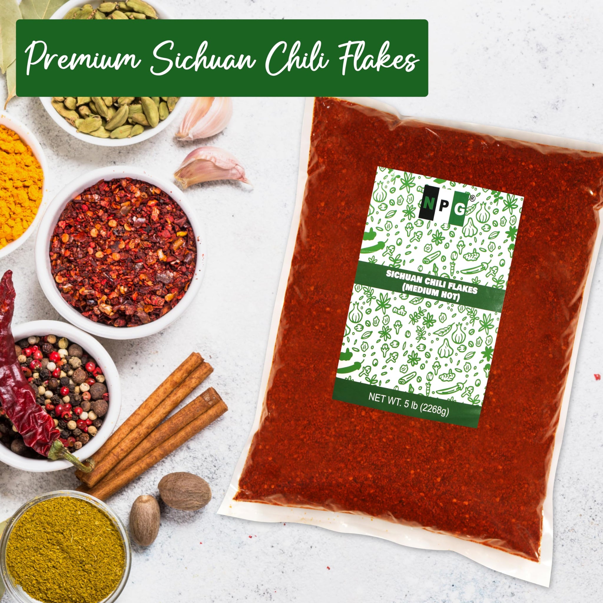 NPG Sichuan Chili Flakes 5 lb, Medium Hot Crushed Red Pepper Bulk
