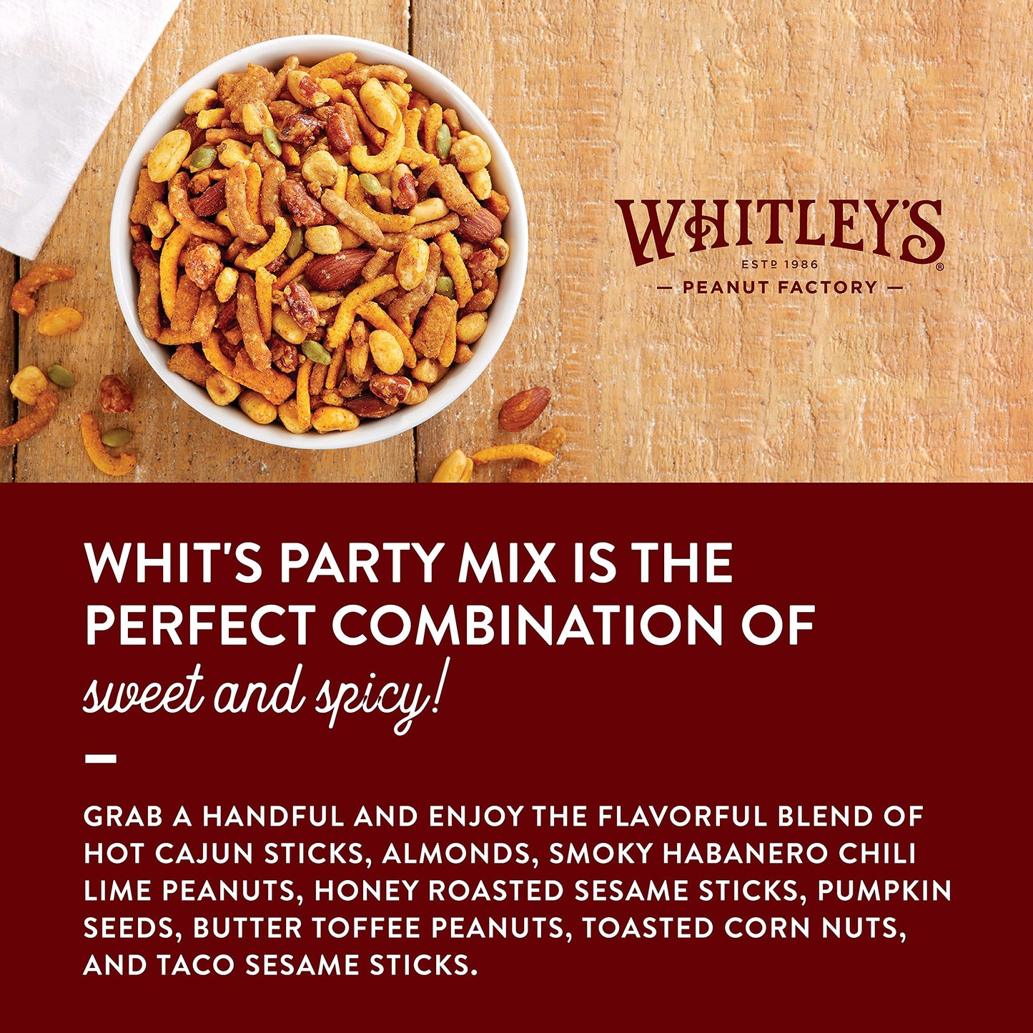 Whitley’s 'Whit's Party Mix' - Sweet & Spicy Snack Mix, Sesame Sticks, Corn Nuts, Cajun Sticks & Nuts (36 Ounce Tin)