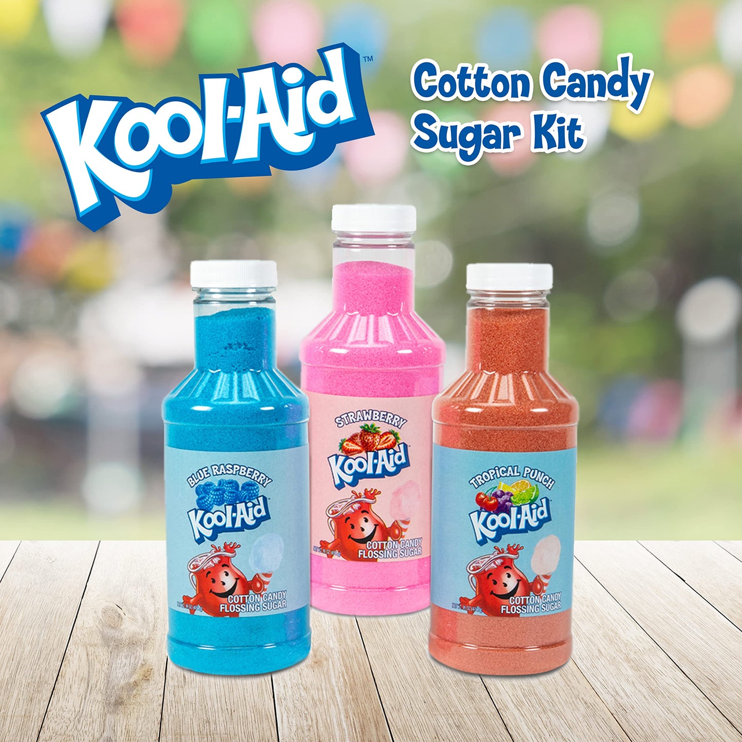 Nostalgia Kool-Aid Cotton Candy Variety Kit - 3 Flossing Sugar Flavors (Blue Raspberry, Strawberry, Tropical Punch) - 7-oz Bottles - Compatible