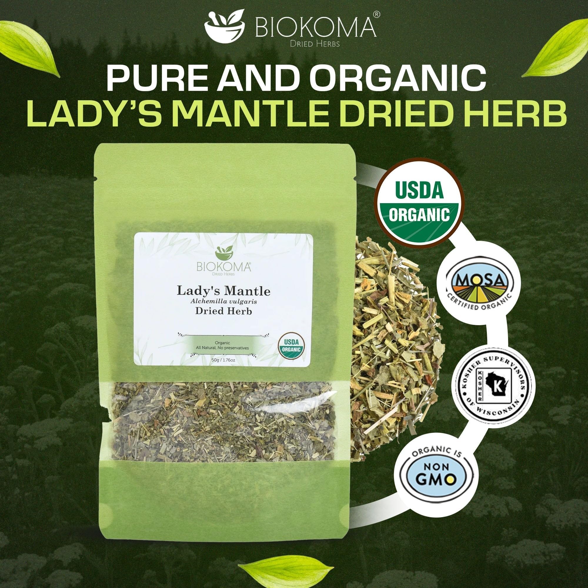 Biokoma Organic Lady's Mantle Herb 1.76 oz - Loose Herbal Tea Alchemilla Vulgaris - USDA Organic Leaves - Resealable Moisture Proof Pouch - No