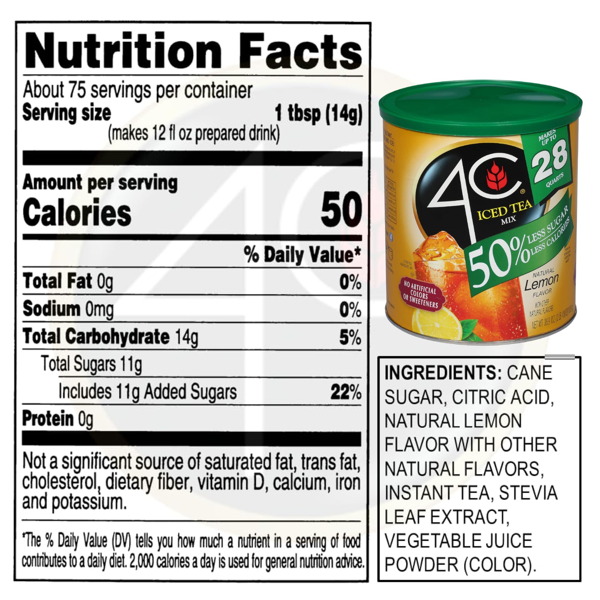 4C Reduced Sugar Powdered Drink Mix Canisters, Iced Tea, 28 Quarts, Family Sized Canister, Thirst Quenching & Refreshing Flavors (Lemon Iced Tea, 36.9