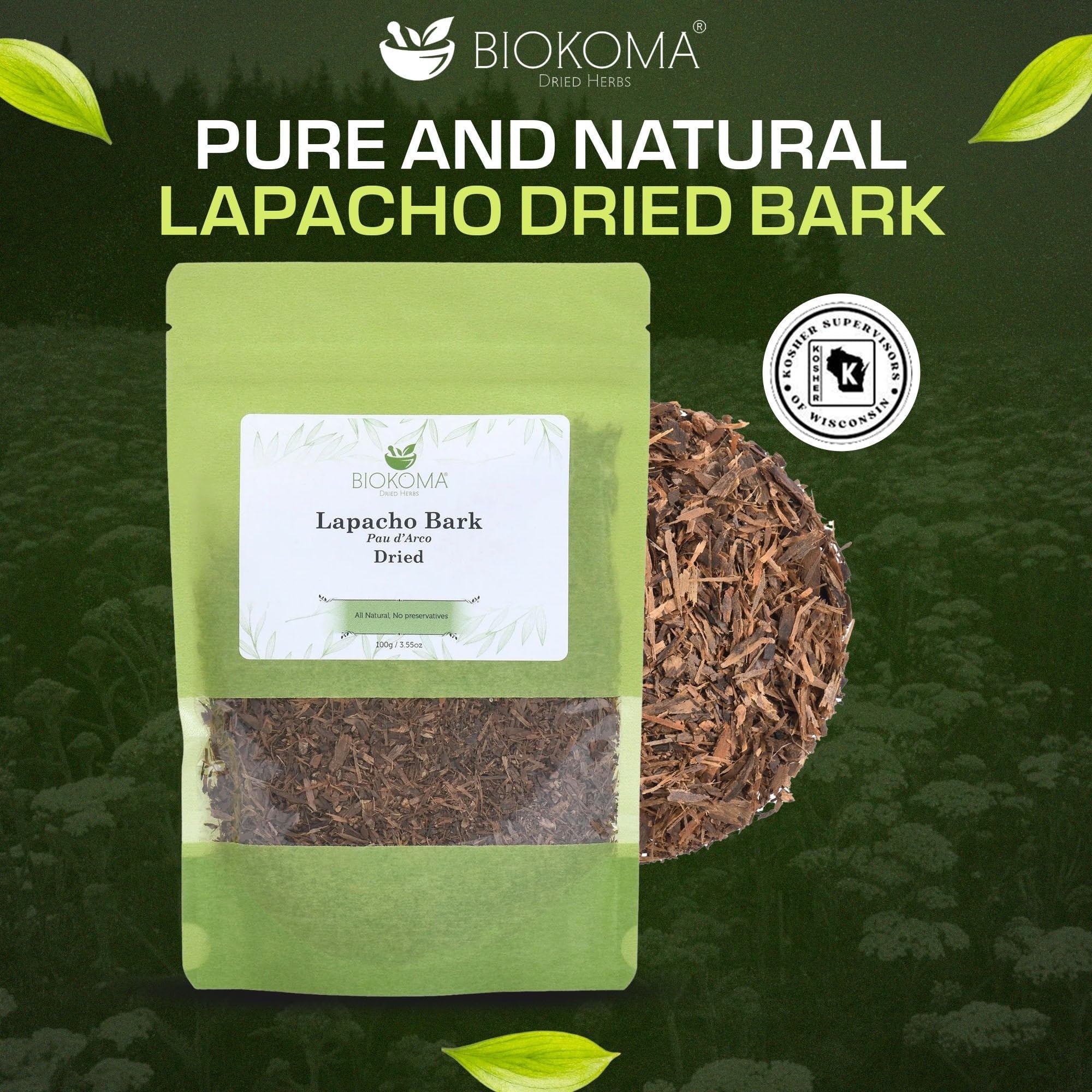 Biokoma Lapacho Bark Pau d'Arco Dried Herb 3.55 oz - Loose Pau d'Arco Herbal Tea Bark - Pure Natural Caffeine Free - No Additives - No Preservatives