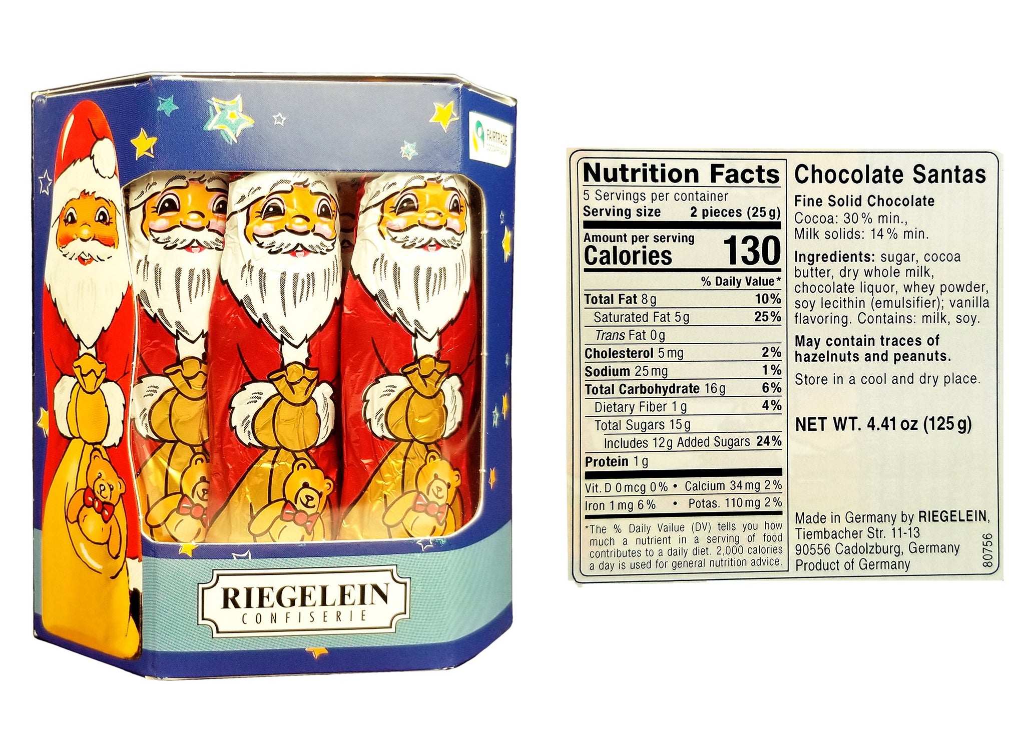 Riegelein German Christmas Candy Santas - Solid Milk Chocolate Stocking Stuffer - Foil Wrapped Xmas Santa Candy - 125 g