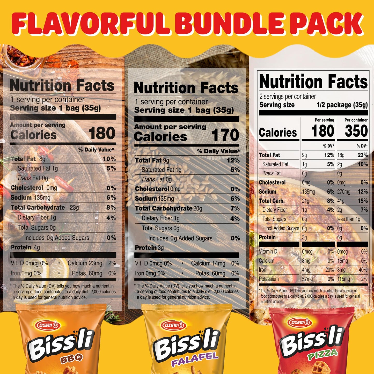 Osem Bissli Variety Pack - 3 Bold Flavors: Falafel, Pizza, BBQ, Baked Flavored Snacks, Crunchy Wheat Snacks for Kids & Adults - 1.23oz Bags (Pack