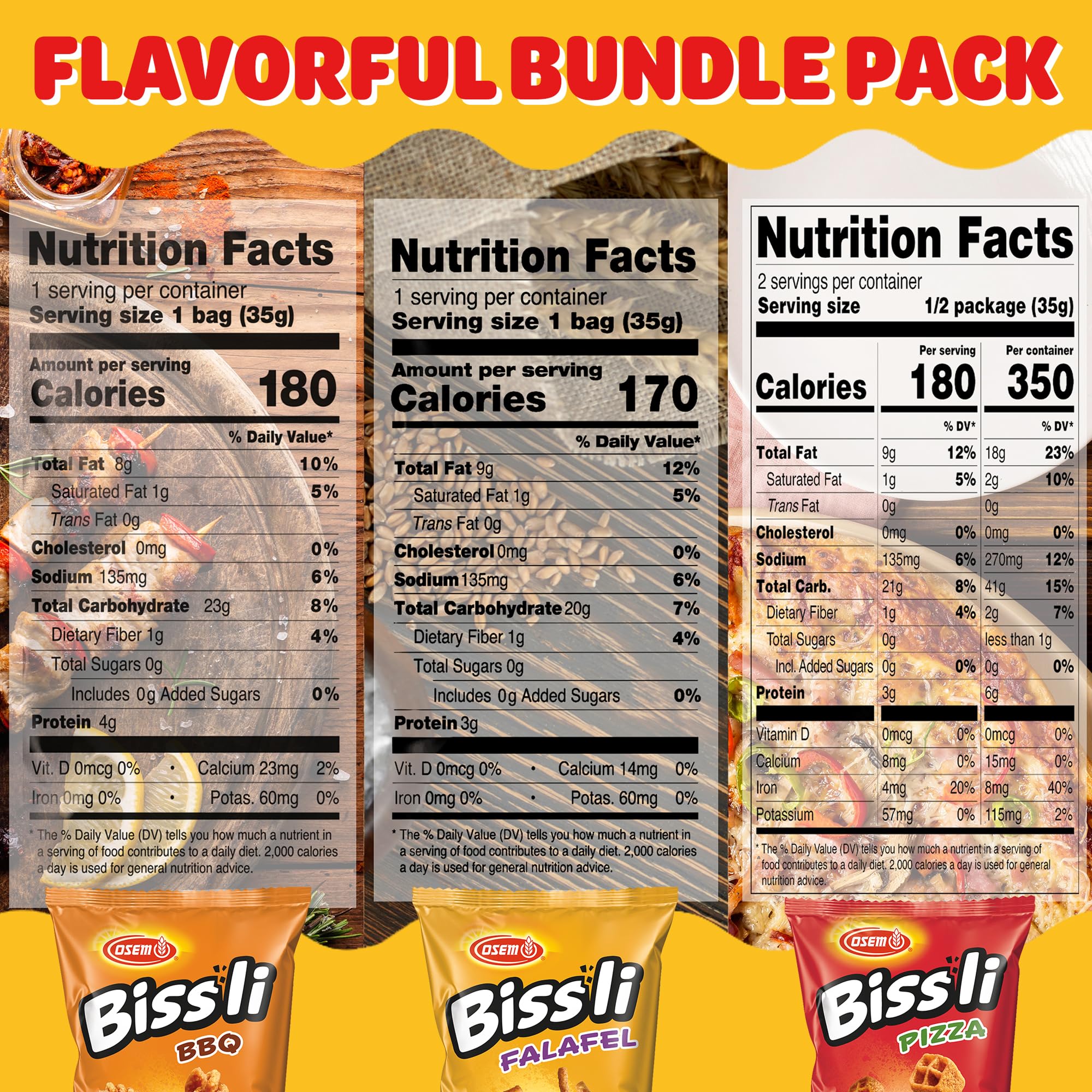 Osem Bissli Variety Pack - 3 Bold Flavors: Falafel, Pizza, BBQ, Baked Flavored Snacks, Crunchy Wheat Snacks for Kids & Adults - 1.23oz Bags (Pack