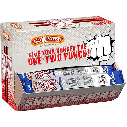 Old Wisconsin Beef Sausage Snack Sticks, Naturally Smoked, Ready to Eat, High Protein, Low Carb, Keto, Gluten Free, Counter Box, Pack of 42