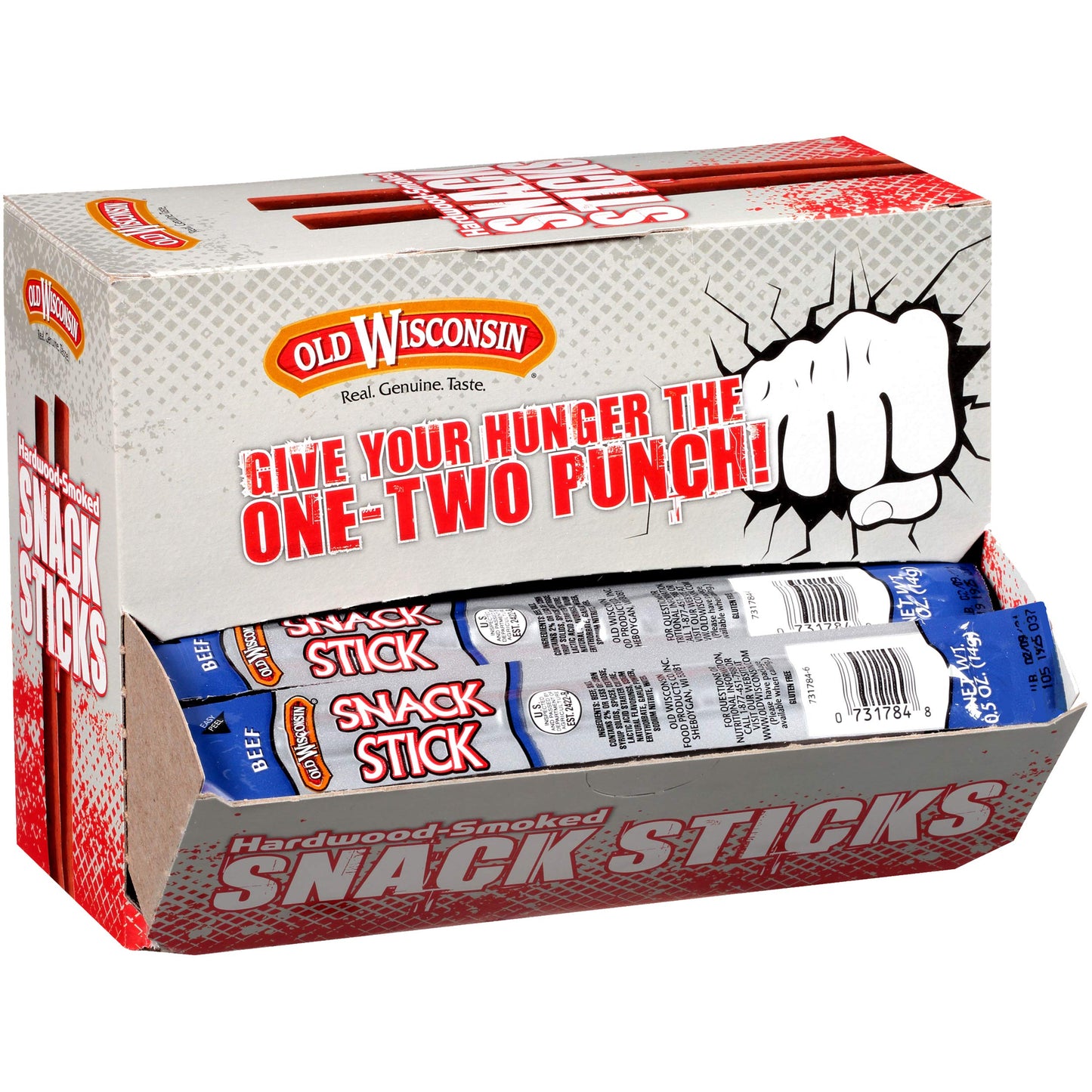 Old Wisconsin Beef Sausage Snack Sticks, Naturally Smoked, Ready to Eat, High Protein, Low Carb, Keto, Gluten Free, Counter Box, Pack of 42
