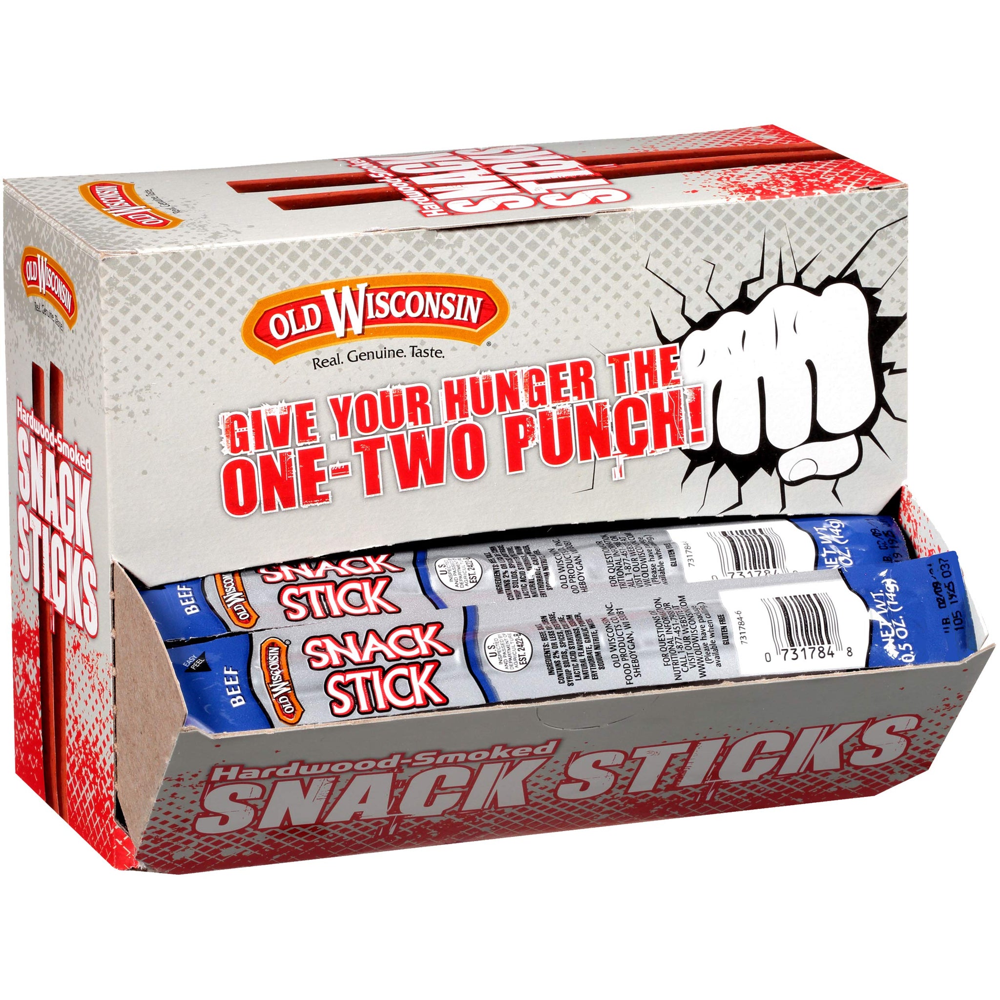 Old Wisconsin Beef Sausage Snack Sticks, Naturally Smoked, Ready to Eat, High Protein, Low Carb, Keto, Gluten Free, Counter Box, Pack of 42