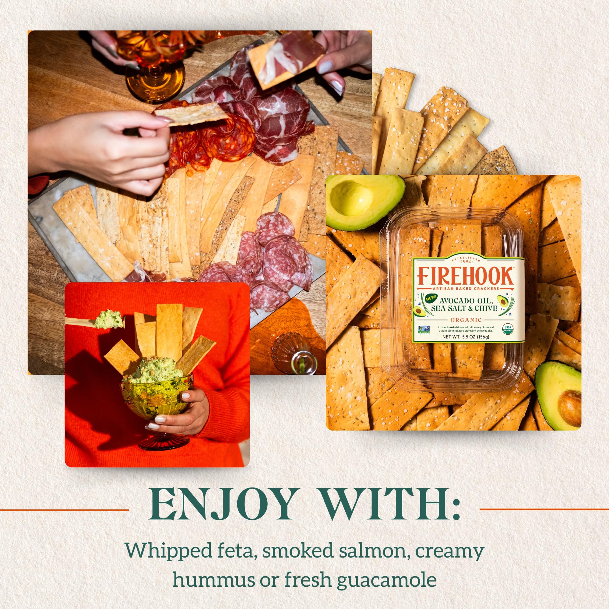 Firehook Avocado Oil, Sea Salt & Chive Crackers - Artisan Baked, Uniquely Crunchy, Made with Organic Ingredients - USDA Organic, Non-GMO, Kosher - 5.5