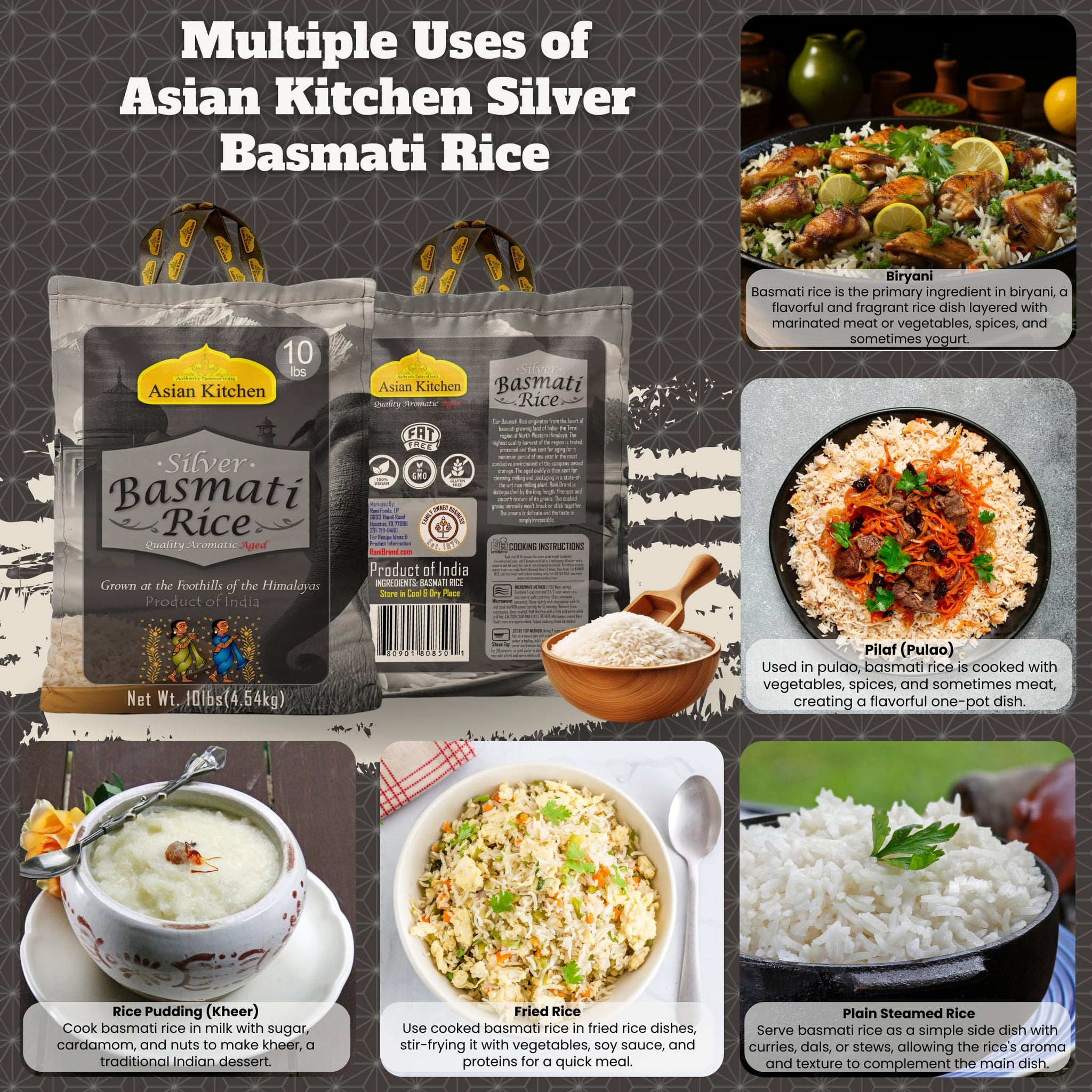 Asian Kitchen Silver White Basmati Rice Extra Long Aged 10lbs (4.54kg) ~ All Natural | Gluten Friendly | Vegan | Indian Origin | Export Quality