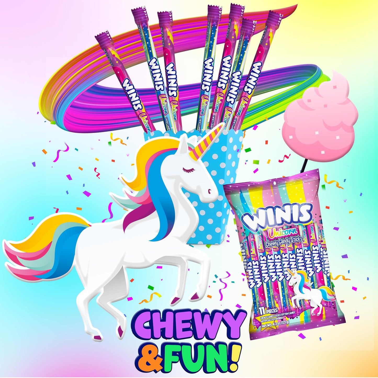 Winis Unicorn | Chewy Candy Swirl | Cotton-Candy Flavored | Sharing Size 4.3 Oz Bag - 11 Pieces | Gifts, Holiday, Parties, Concessions, Pantry