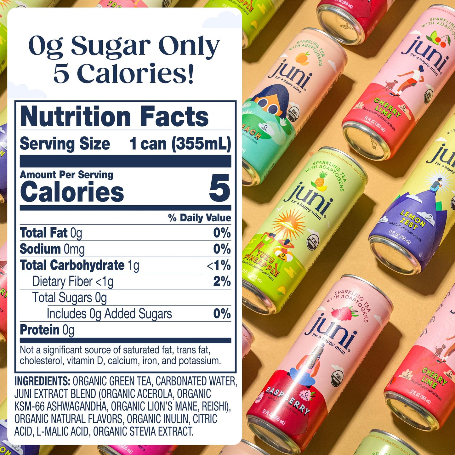 Juni Sparkling Adaptogen Drink with Ashwagandha, Lion’s Mane & Reishi Mushrooms | Green Tea for Focus, Zero Sugar, 5 Calories | Decaffeinated, Non