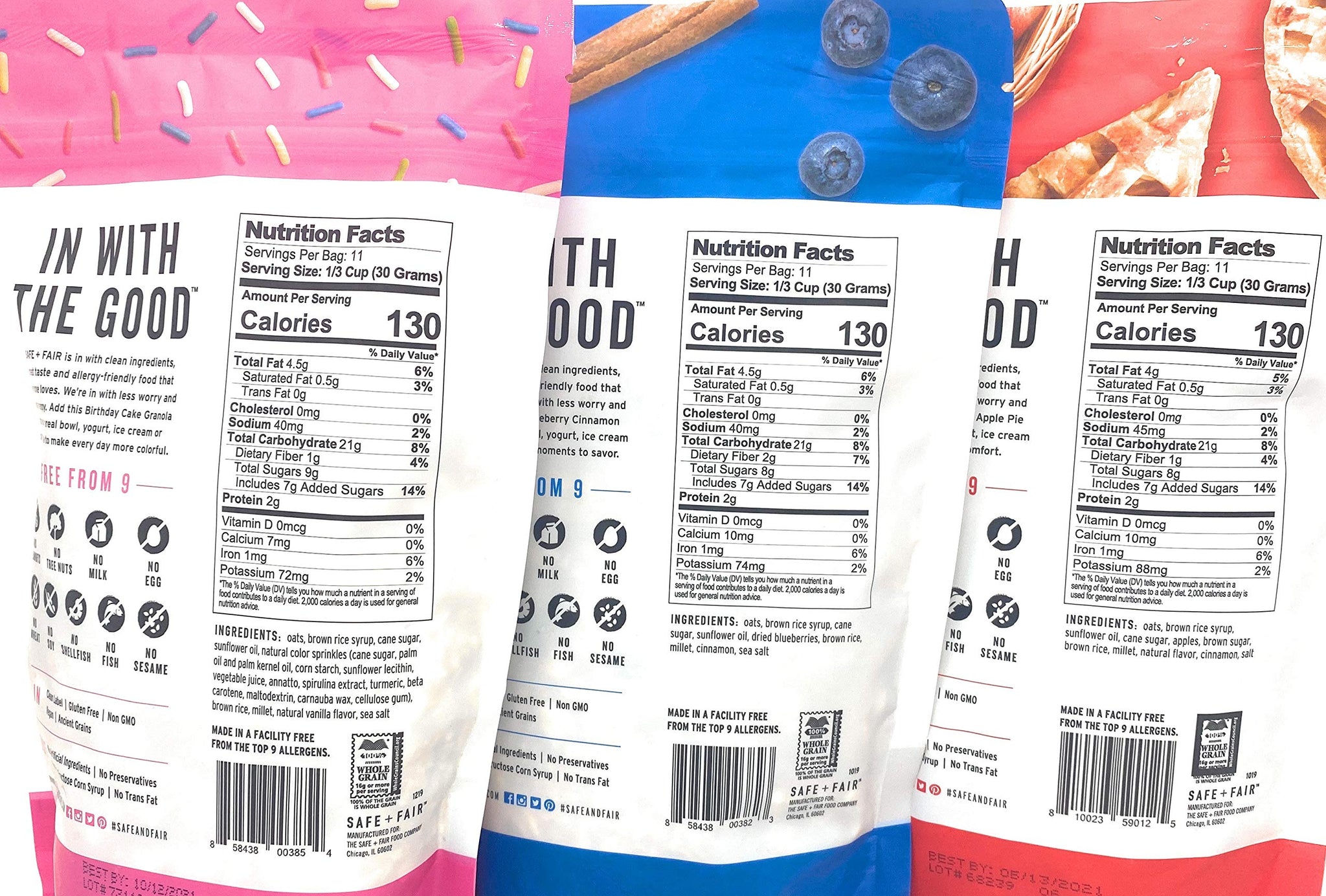 The Safe + Fair Food Company, Birthday Cake Granola Blueberry Cinnamon Granola Honeycrisp Apple Pie Granola Bundle with Kokobunch Kit 12Oz(Pack of 3)
