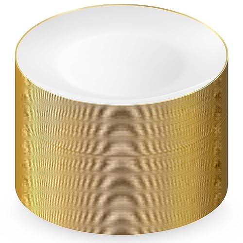 Munfix 100 Gold Plastic Plates Set, 10.25 Inch Disposable Dinner Plates, Elegant Fancy Heavy Duty for Party, Wedding, White with Gold Rim