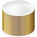 Munfix 100 Gold Plastic Plates Set, 10.25 Inch Disposable Dinner Plates, Elegant Fancy Heavy Duty for Party, Wedding, White with Gold Rim