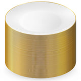 Munfix 100 Gold Plastic Plates Set, 10.25 Inch Disposable Dinner Plates, Elegant Fancy Heavy Duty for Party, Wedding, White with Gold Rim
