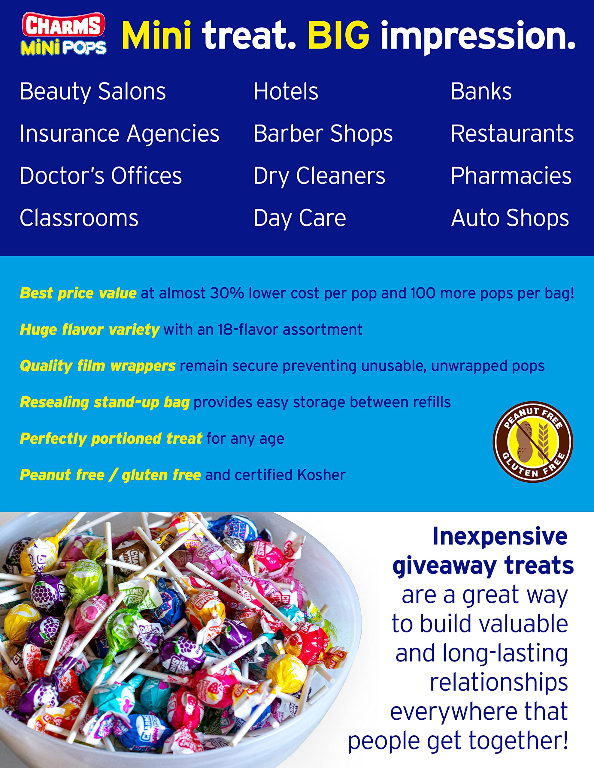 Charms Mini Pops - 4.5 lb Bag of Individually Wrapped Fruity Hard Candy Lollipops in 18 Fun Flavors - Peanut and Gluten Free, 400 Count