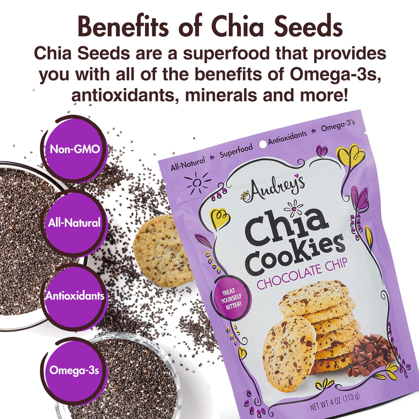 Audrey's Chia Cookies - (Chocolate Chip, 3 Pack), Natural, Antioxidants, Omega-3's, Non-GMO