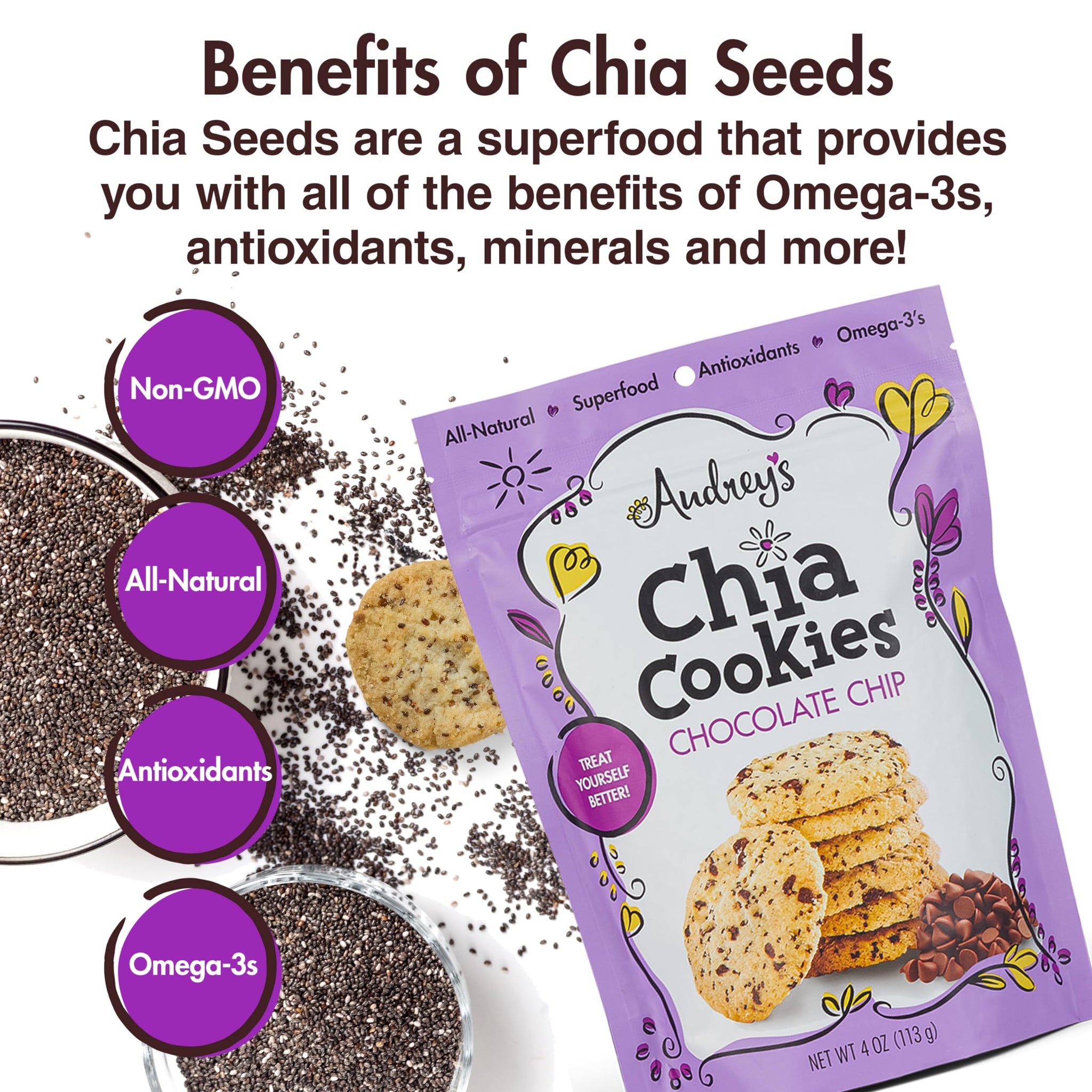 Audrey's Chia Cookies - (Chocolate Chip, 3 Pack), Natural, Antioxidants, Omega-3's, Non-GMO