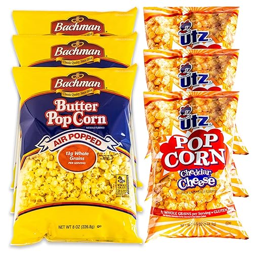 Popcorn Variety Pack - Bachman Air Popped Butter Popcorn (3, 8oz bag) - Utz Cheddar Cheese Popcorn (3, 6.5oz bags) - Delicious Buttery Delight Popcorn