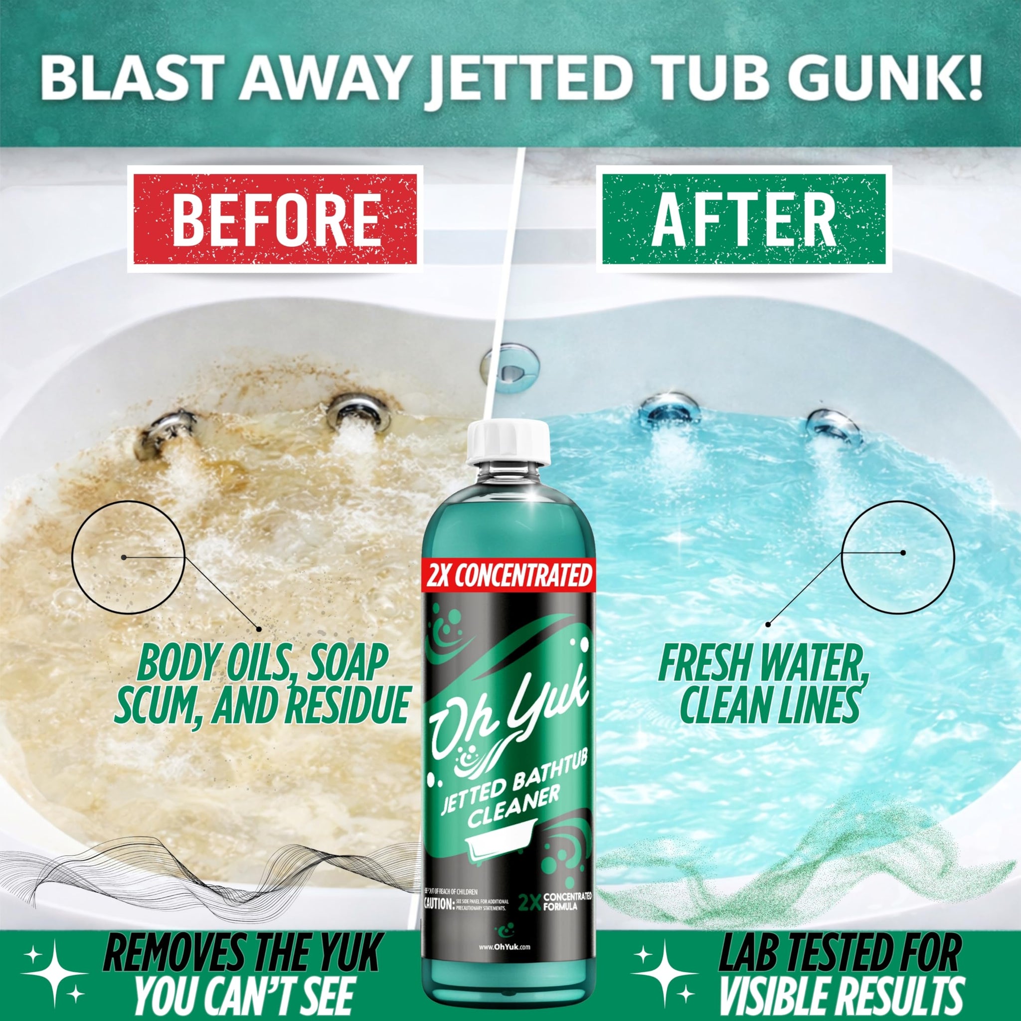 Oh Yuk Jetted Tub Cleaner 2X Concentrated - Deep Cleaning Jetted Bathtub & Jacuzzi Cleaner for Tub Systems with Jets - Removes Buildup - 16 fl oz