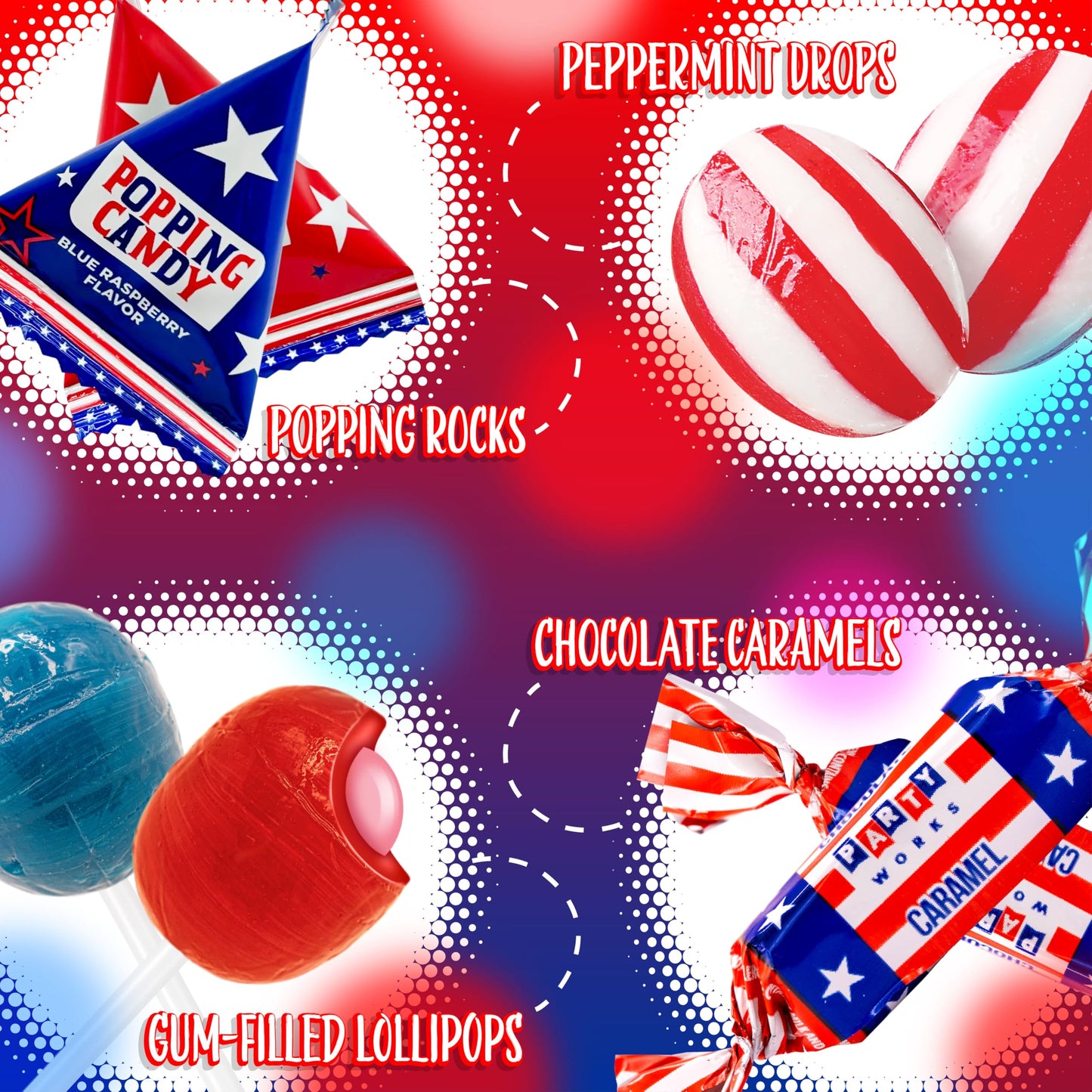 Patriotic Candy | 3-Pound Bag | 4th of July Candy Assortment Individually Wrapped | Popping Rocks, Lollipops, Chocolate Caramel Taffies