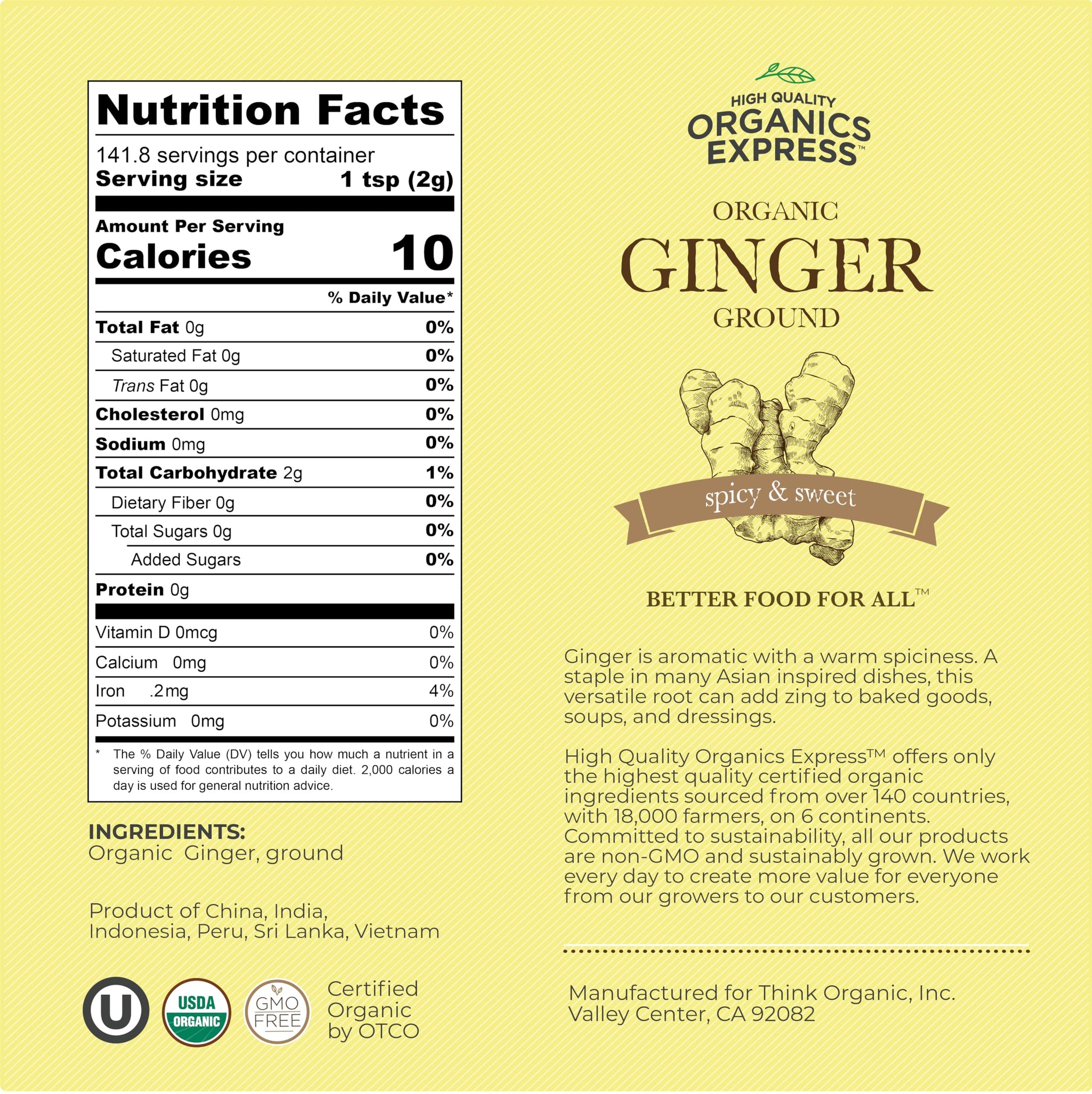 HQOExpress Organic Ground Ginger - Non GMO, Kosher, USDA Certified Organic Ginger Powder - Hot and Spicy Aromatic Seasoning for Baking, Rubs