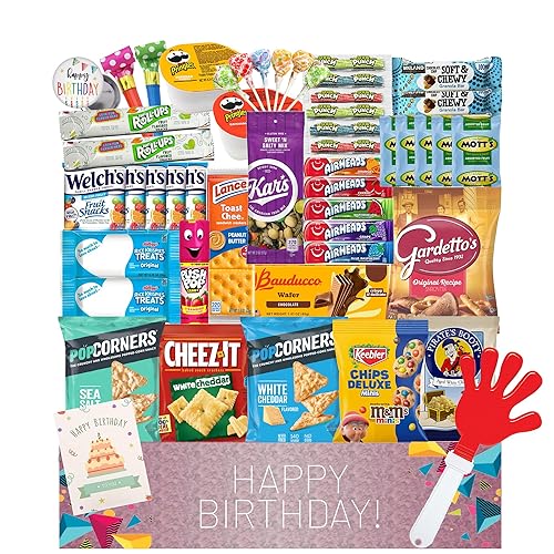 JUMBO JUMBLE Birthday Snack Box (50 count) Assortment Variety Care Package Birthday Snacks Gift Box for Kids, Teens, Boys, Girls, Men, Women, Office