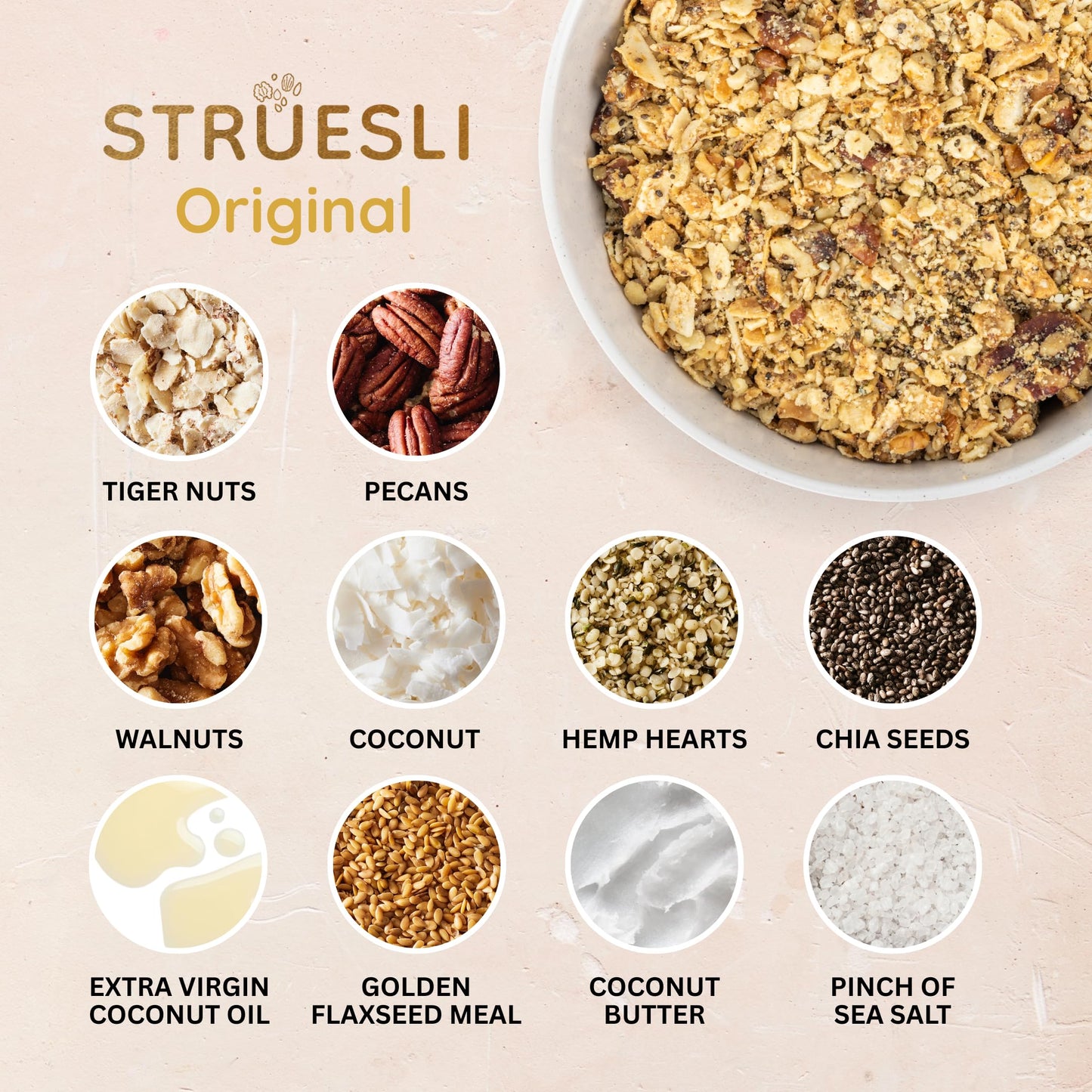 Struesli Original Organic Granola, Grain & Gluten Free, Healthy Snacks with Chia Seeds, Nuts & Sea Salt, Prebiotic High Fiber Food for Yogurt, Cereal