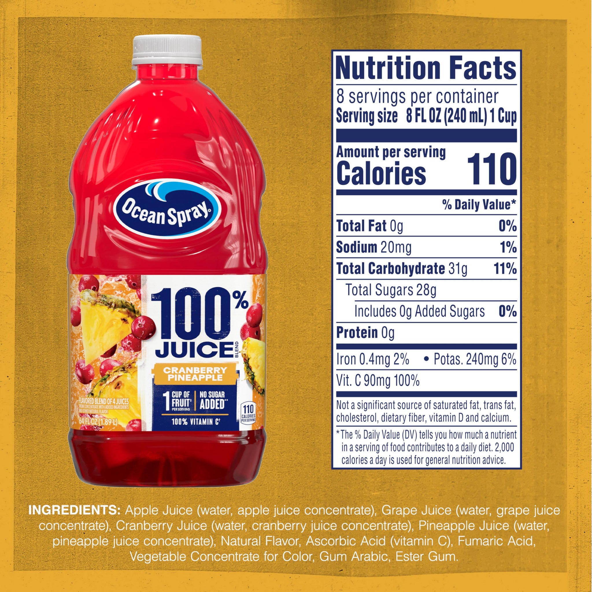 Ocean Spray® 100% Juice Cranberry Pineapple Juice Blend, 64 Fl Oz Bottle