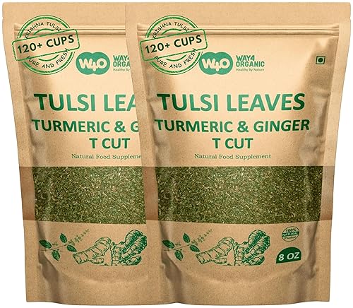 Holy Basil Tea, 8 Oz with Ginger and Turmeric, Tulsi Krishna Cut & Sifted Herbal Tea, Dried Pure Holy Basil Tulsi Leaves, Immune support with Multiple