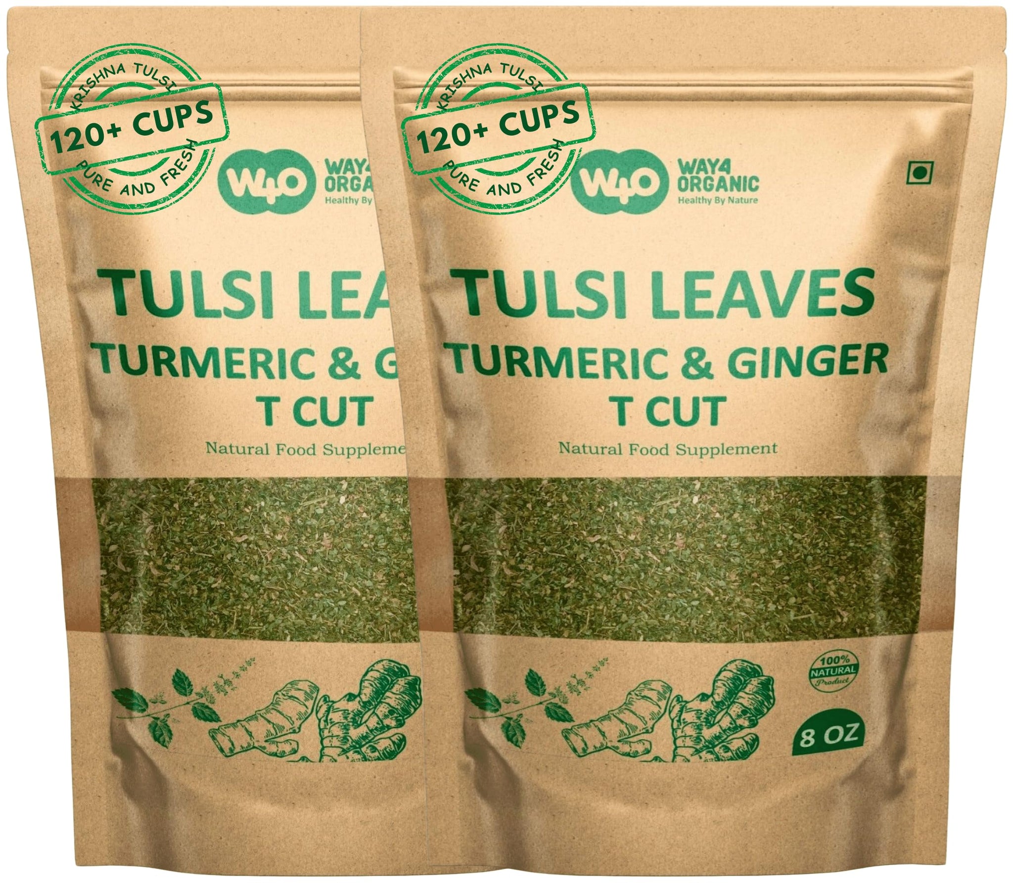 Holy Basil Tea, 8 Oz with Ginger and Turmeric, Tulsi Krishna Cut & Sifted Herbal Tea, Dried Pure Holy Basil Tulsi Leaves, Immune support with Multiple