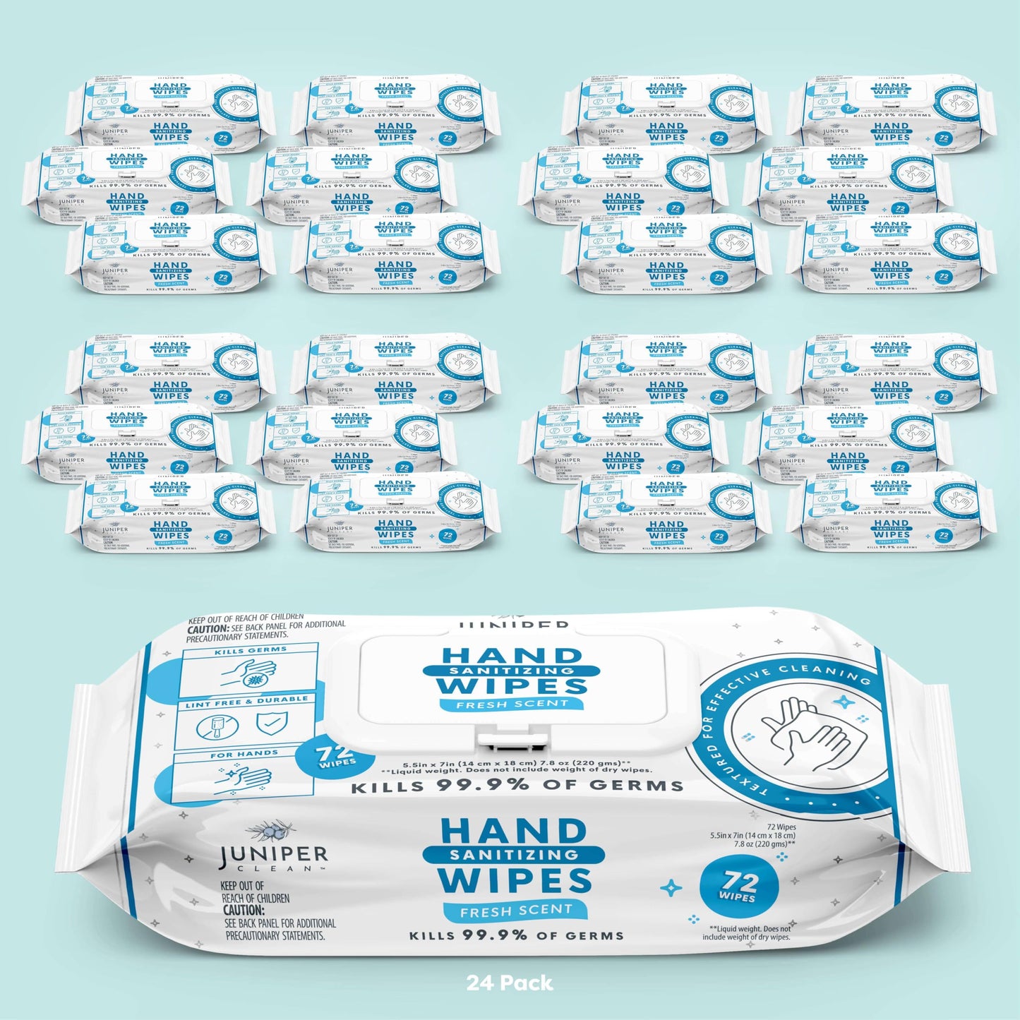 Juniper CLEAN 24 Pack Hand Sanitizing Wipes, All-Purpose Cleaner for Bathroom, Kitchen, Office, 1728 Count Soft Flow with Gift Basket