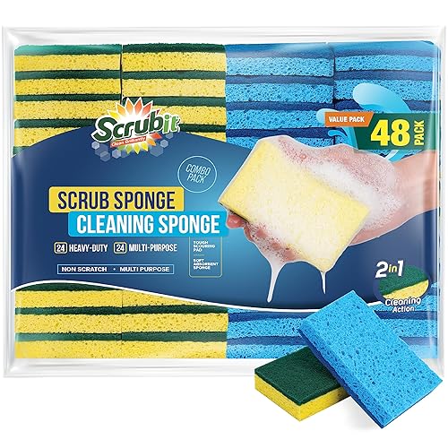 SCRUBIT 48 Pack Kitchen Sponges Dish Sponge for Washing Dishes, Kitchen & Bathroom - Blue & Yellow Dishwashing Sponges Along with A Thought Scrubber