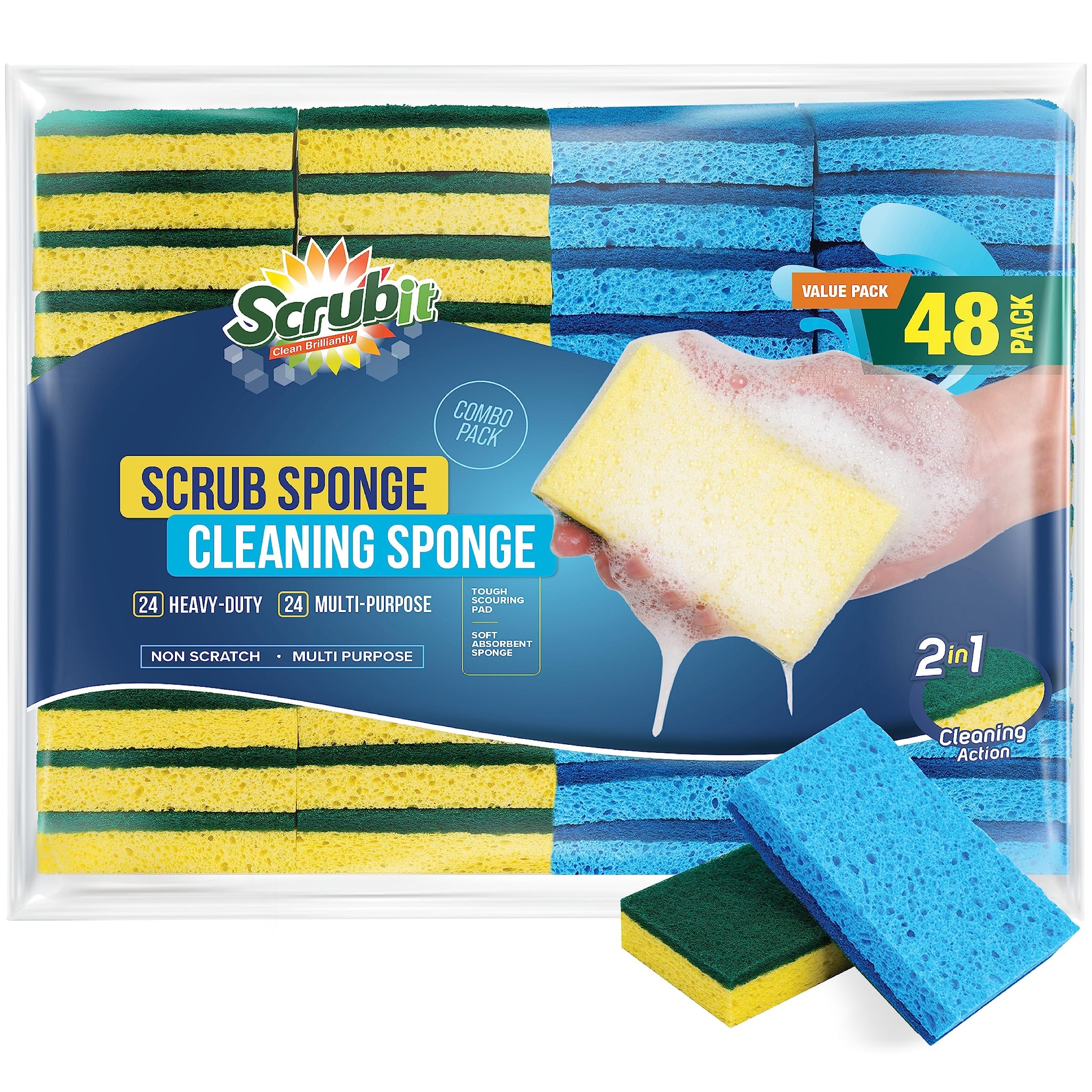SCRUBIT 48 Pack Kitchen Sponges Dish Sponge for Washing Dishes, Kitchen & Bathroom - Blue & Yellow Dishwashing Sponges Along with A Thought Scrubber