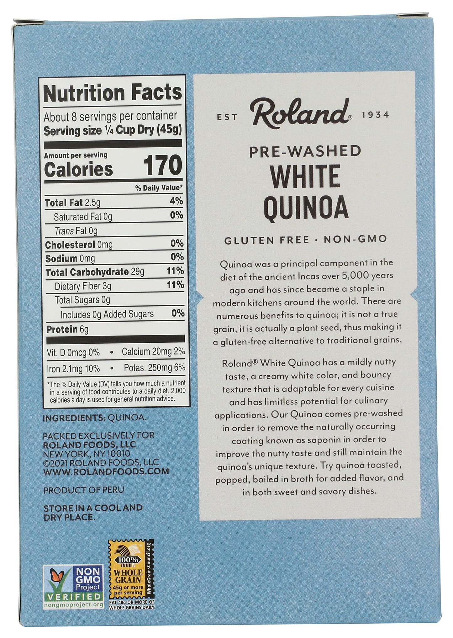 Roland Foods White Quinoa, Pre-washed, Specialty Imported Food, 12-Ounce