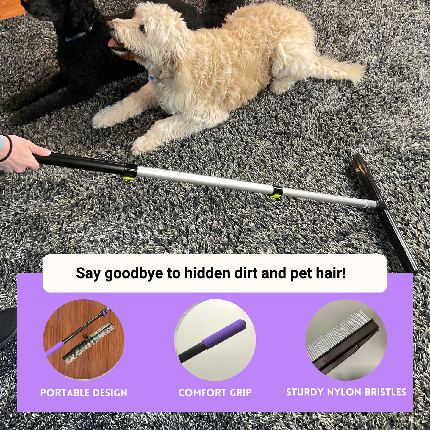 Room Groom PET Carpet Rake Groomer with Telescoping 54 " Adjustable Handle, with Lint Remover Brush Tool, Carpet Brush for Pet Hair and Refreshing