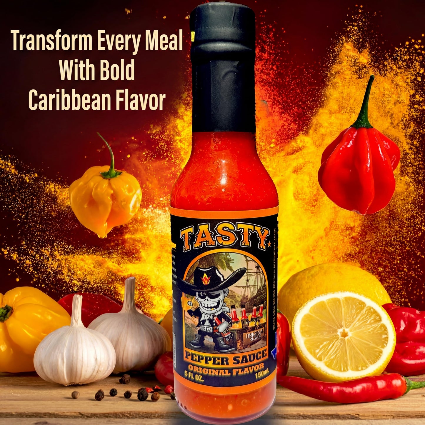Tasty Pepper Sauce - Caribbean Scotch Bonnet Hot Sauce, Salsa Picante Gourmet Pepper Sauce, Texas Made, Mild-Medium Heat (30k SHU), Great for Wings