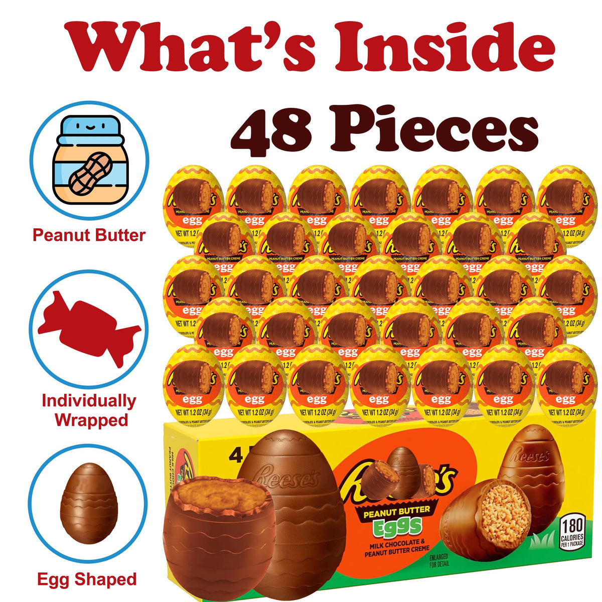Reese Peanut Butter Creme Eggs, Bulk 48 Count 3D 1.2 oz. Milk Chocolate Peanut Butter Creme Eggs, Individually Wrapped Chocolate Eggs for Easter