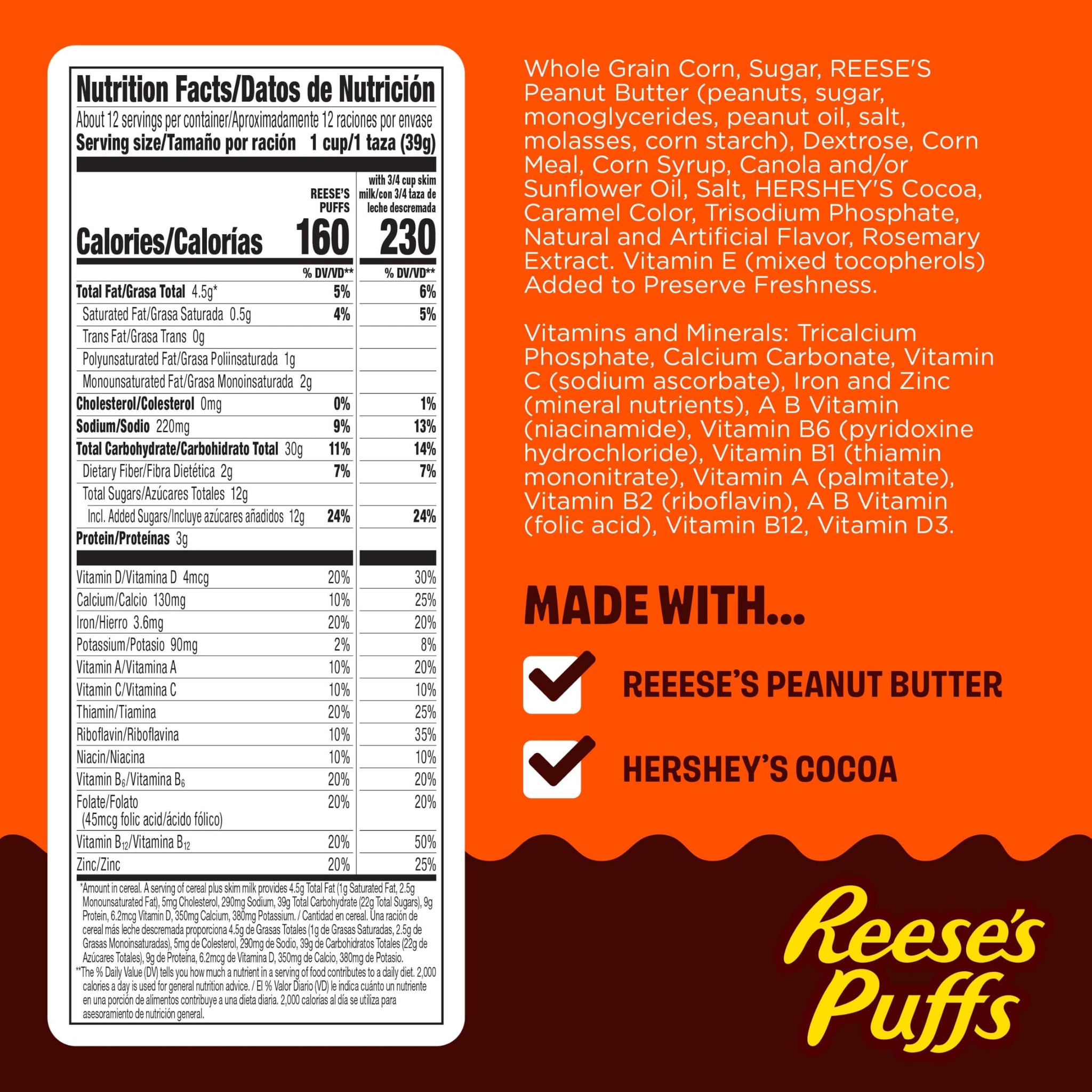 REESE'S PUFFS Breakfast Cereal, Chocolatey Peanut Butter Cereal, Large Size, 16.7 oz