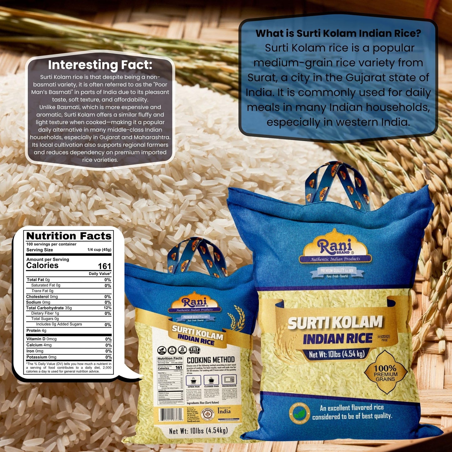 Rani Surti Kolam Indian Rice 160oz (10lbs) 4.54kg Cloth Bag ~ All Natural | Gluten Friendly | Vegan | Kosher | Export Quality | Indian Origin
