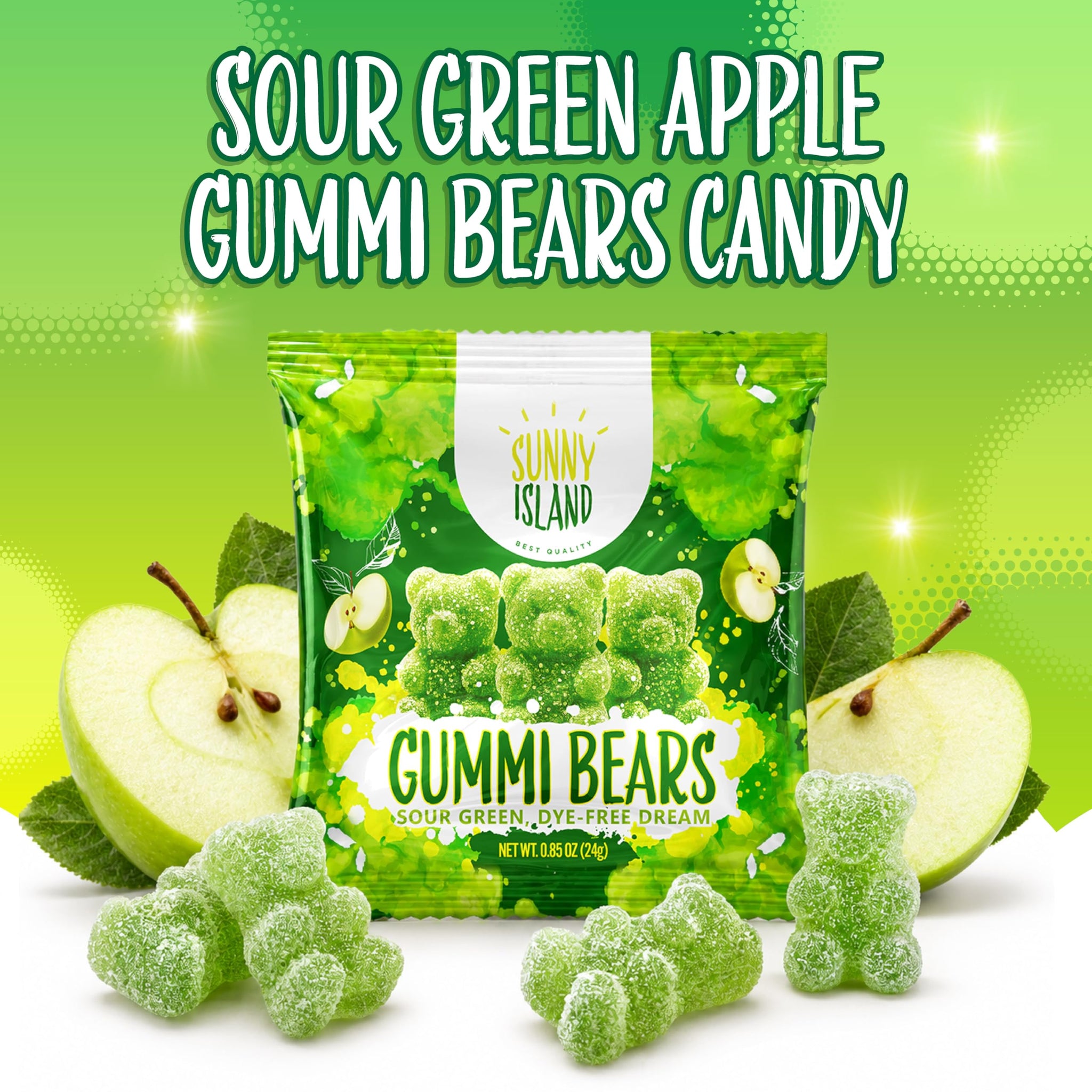 Green Apple Gummi Bears | 12 Packs of Sour Gummies | Dye Free Candy | Chewy Candy for Party Favors, Goodie Bags, Snacking and Gifting | Gelatin Free