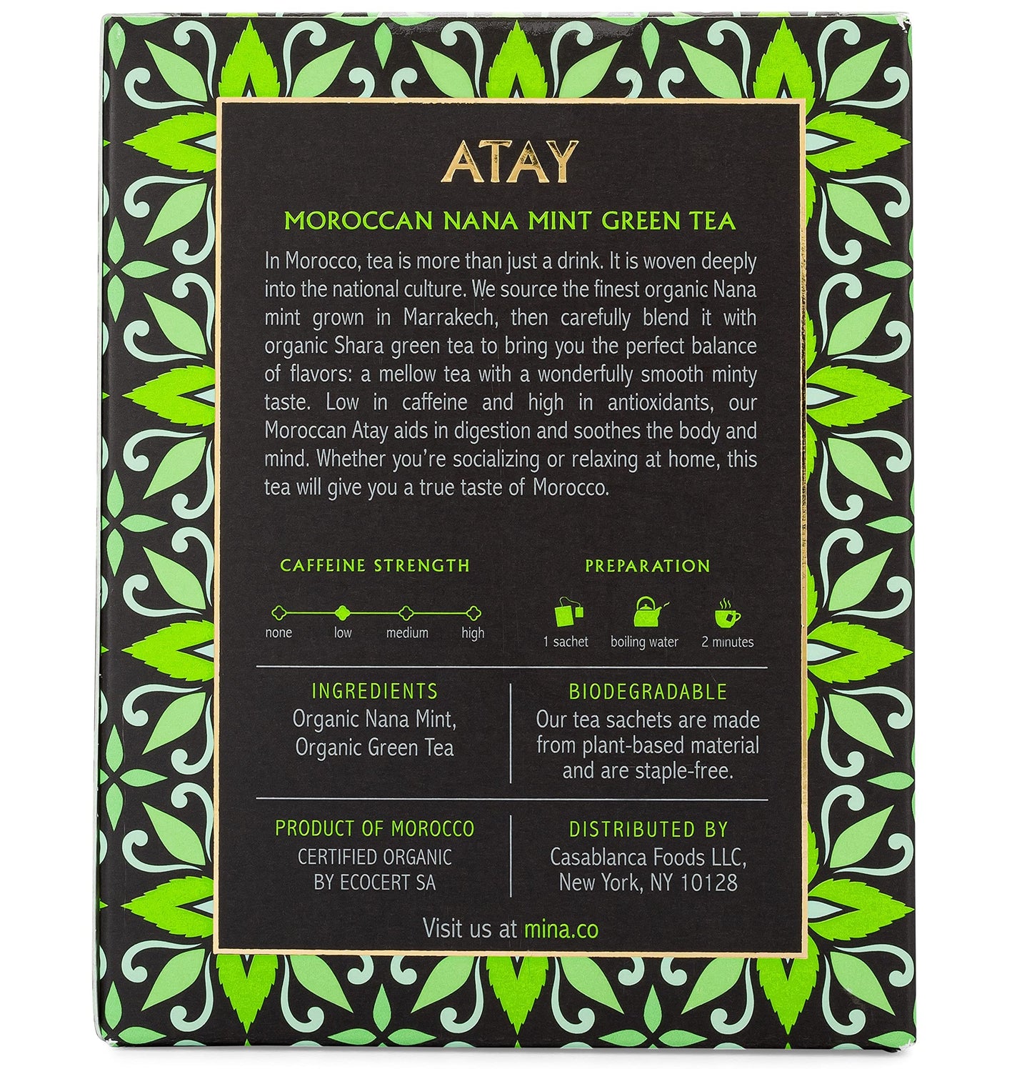 Mina Atay Moroccan Nana Mint Organic Green Tea, 15 Biodegradable Sachets - Refreshing Moroccan Mint Green Tea Bags, Moroccan Mint Tea Bags, Low in
