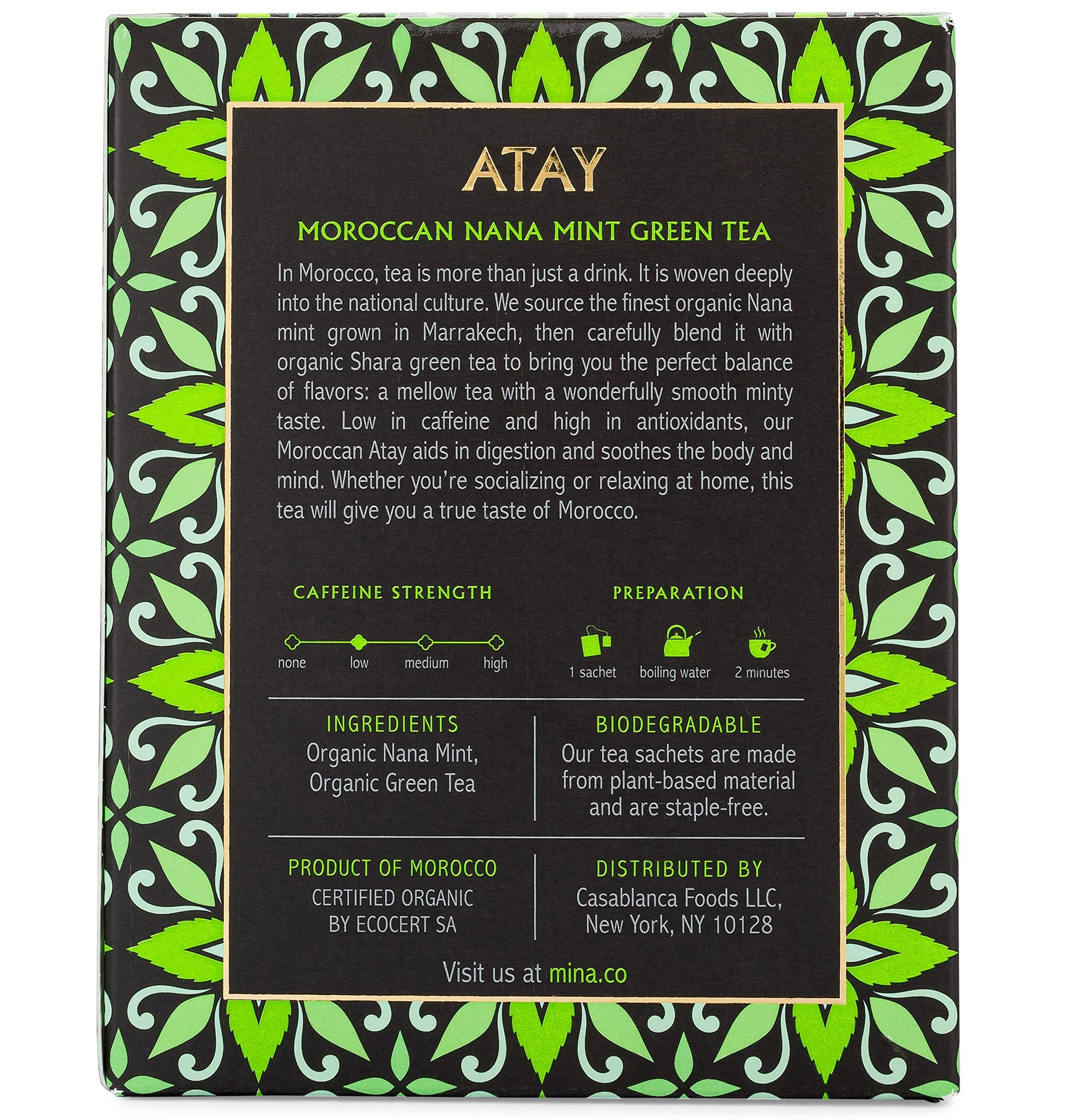 Mina Atay Moroccan Nana Mint Organic Green Tea, 15 Biodegradable Sachets - Refreshing Moroccan Mint Green Tea Bags, Moroccan Mint Tea Bags, Low in